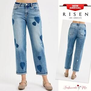 RISEN Mid Rise Heart Shape Print Cuffed Hem Light Washed Boyfriend Denim Jeans